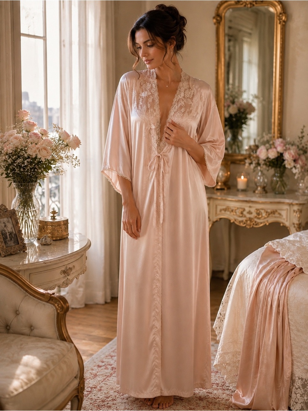 Vintage Linda’s Lingerie Pin Satin Lace Peignor Robe Long Loungewear Made in CA